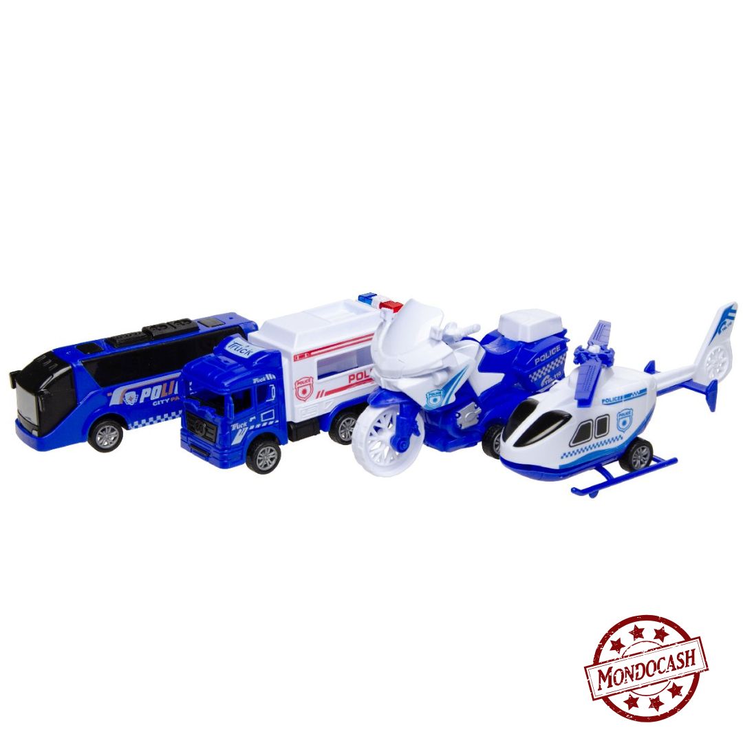 Jouet de véhicules de police rétro friction, avec un autocar, un camion de police, un hélicoptère et une moto, aux couleurs bleu et blanc