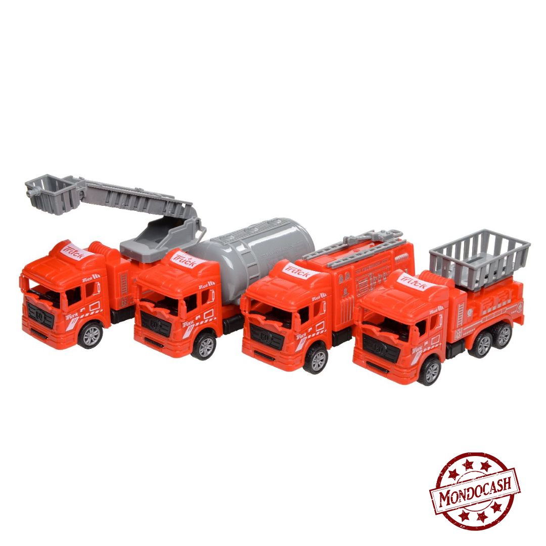 Jouet de camion de pompier rétro friction, avec un camion avec nacelle, un camion citerne, un camion pour le feu, un camion avec élévateur de couleur rouge