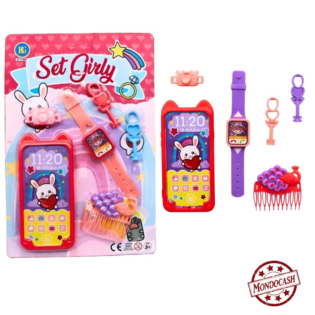 un set ludique et tendance avec ce coffret Bijoux & Beauté ! Composé d'un téléphone factice de 15 cm et de 5 accessoires (bagues, bracelet, miroir…), ce kit est idéal pour les jeux d’imitation. Il stimule l’imagination et permet aux enfants de s’amuser tout en développant leur créativité.