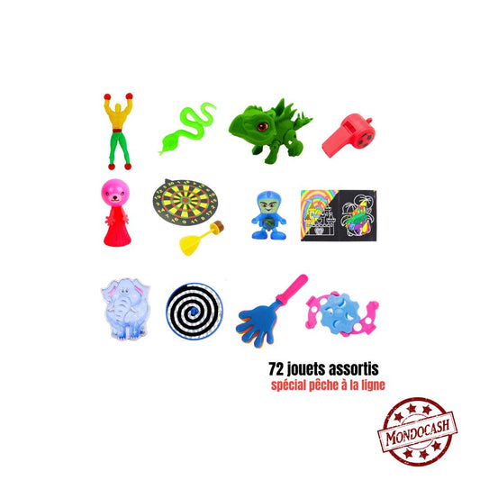 Lot de 72 jouets pour pêche à la ligne pour les fêtes des écoles avec 12 modèles assortis, des acrobates gluants, des labyrinthes, des jeux à gratter, des clappys, des cibles, des puces sauteuses, des lanceurs de billes, des toupies, des dinosaures à monter, des sifflets et des serpents collants