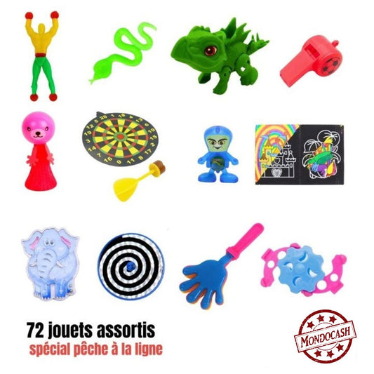 Lot de 72 jouets pour pêche à la ligne pour les fêtes des écoles avec 12 modèles assortis, des acrobates gluants, des labyrinthes, des jeux à gratter, des clappys, des cibles, des puces sauteuses, des lanceurs de billes, des toupies, des dinosaures à monter, des sifflets et des serpents collants
