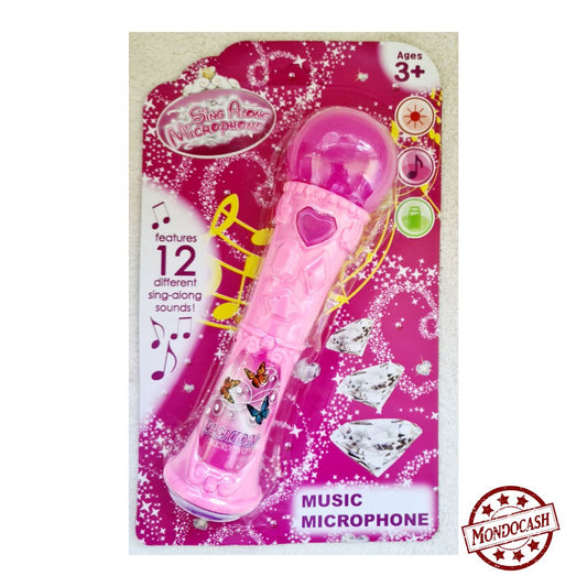 Jouet de micro rose ou violet qui fait du son et de la lumière., fonctionne avec 2 piles AA non fournies
