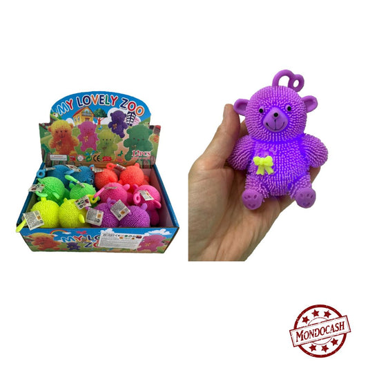 Jouet de puffer yoyo en forme d'ours, matière molle avec des picots et quand on le tape il s'allume, de couleur, rose, parme, orange, jaune, vert ou bleu