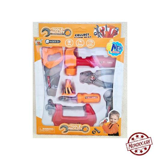 Jouet d'outils 7 pièces, scie, marteau, tournevis, pince, clé à molette, serre joint et un cône