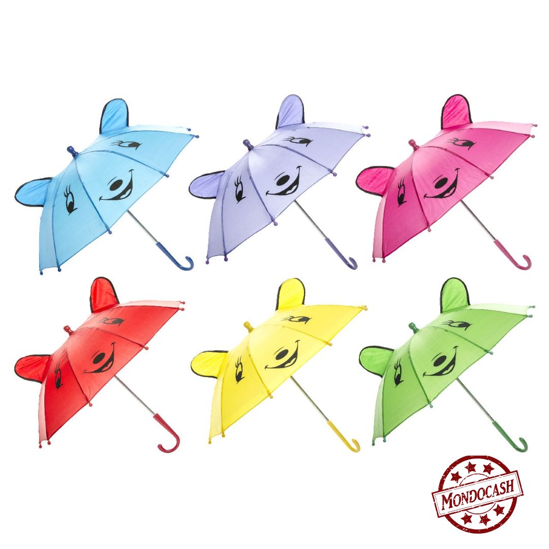 Parapluie avec tête d'animaux et oreilles, bleu, rose, violet, rouge, jaune, vert
