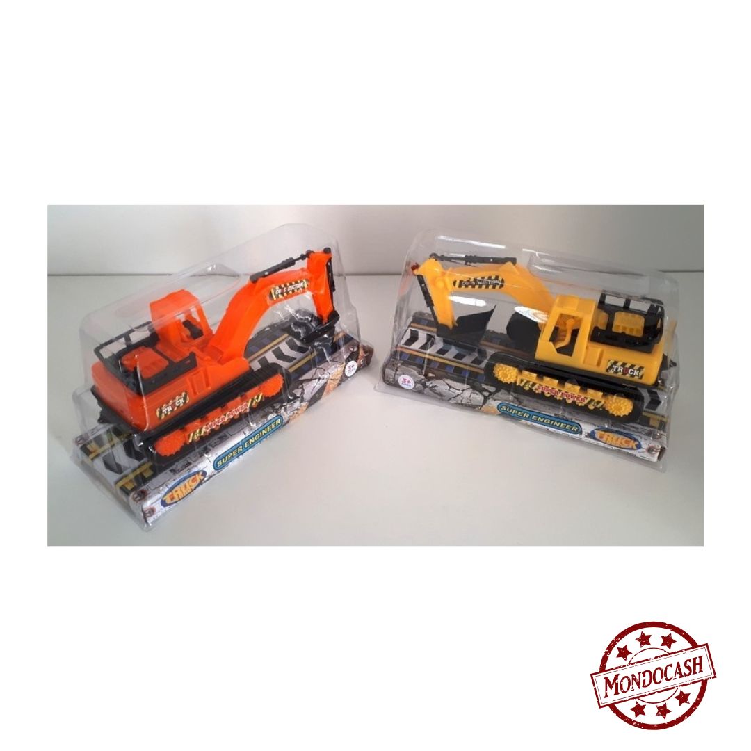 Jouet de pelleteuse friction, tourne et à le bras articulé, de couleur orange et jaune, emballé sous coque