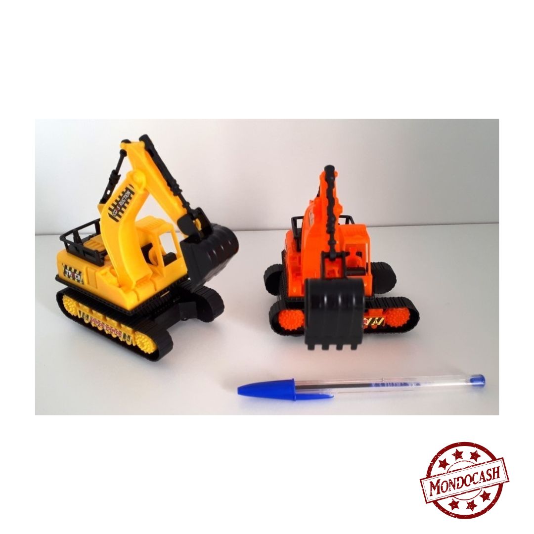 Jouet de pelleteuse friction, tourne et à le bras articulé, de couleur orange et jaune, emballé sous coque