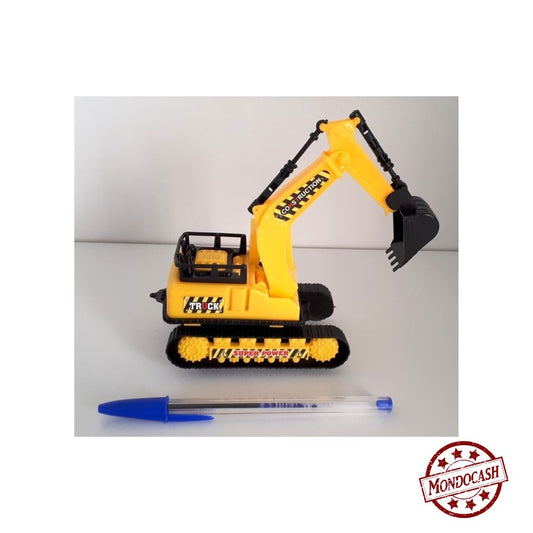 Jouet de pelleteuse friction, tourne et à le bras articulé, de couleur orange et jaune, emballé sous coque