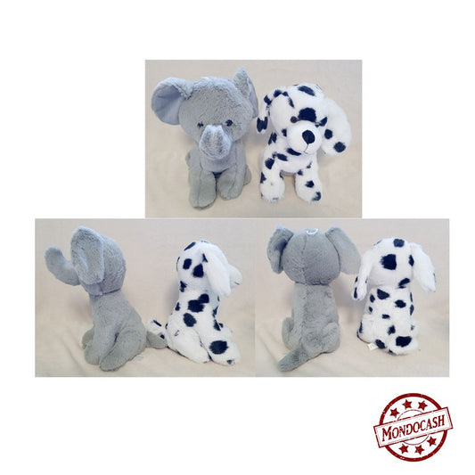 Peluche animaux assis, tigre, panthère, dalmatien, éléphant de couleurs blanc, noir, gris