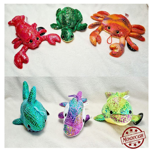 Peluche animaux marins, dauphin, requin, baleine, homard, crabe, tortue avec un tissu brillant