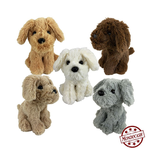 Peluche chien assis, tout doux de couleurs : gris, marron, beige, crème, caramel
