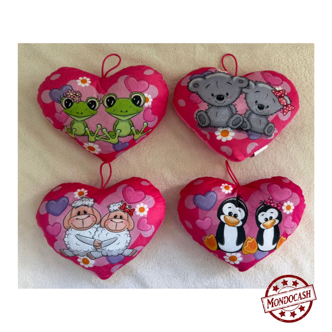 Peluche cœur animaux, imprimée sur 1 face, de couleur rose avec des couples de pingouins, grenouilles, oursons, moutons