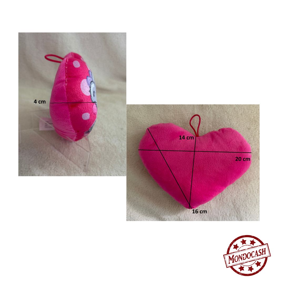 Peluche cœur animaux, imprimée sur 1 face, de couleur rose avec des couples de pingouins, grenouilles, oursons, moutons