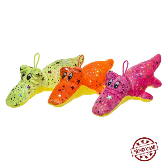 peluche crocodile 30 cm aux couleurs flashys orange, rose, jaune avec des étoiles brillantes