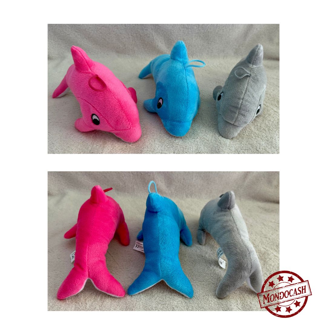 Peluche dauphin de couleur bleu, rose ou gris