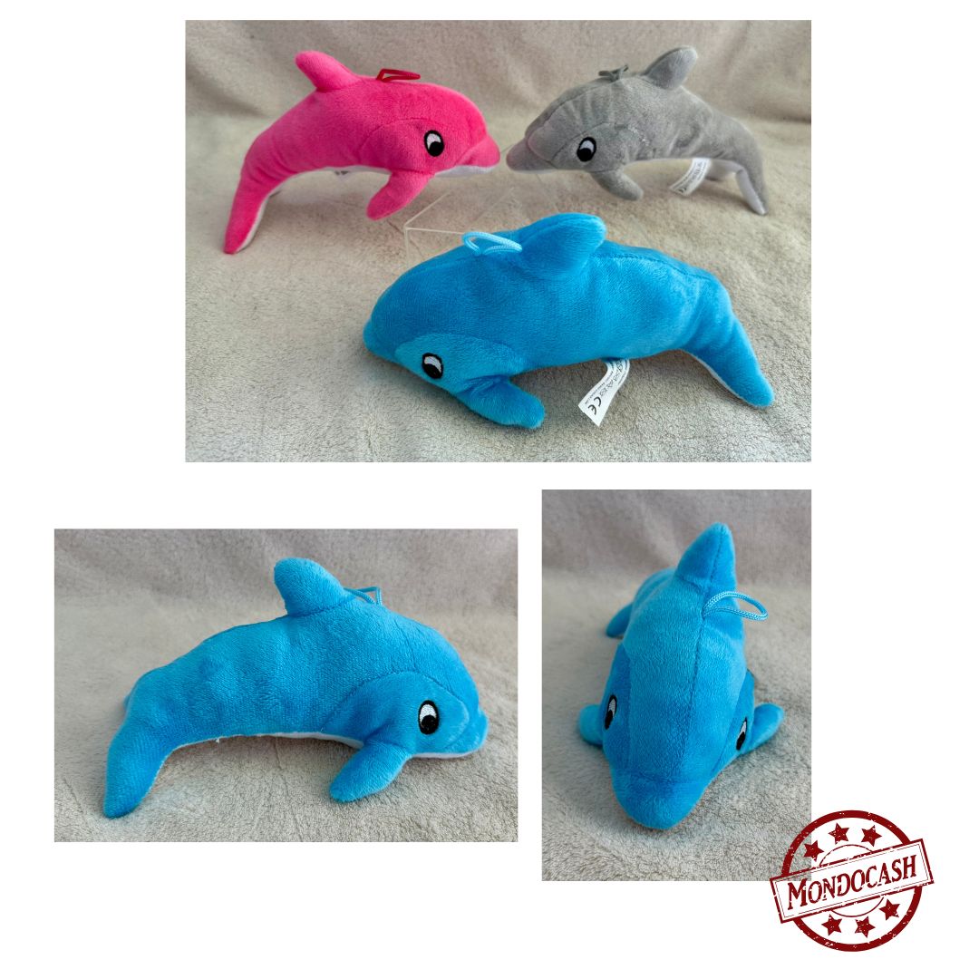 Peluche dauphin de couleur bleu, rose ou gris