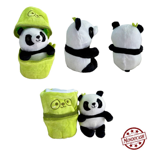Peluche panda assis dans un sac de couleur vert qui se ferme avec une fermeture éclaire