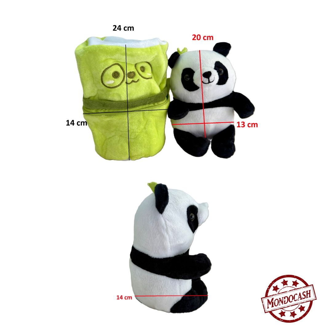 Peluche panda assis dans un sac de couleur vert qui se ferme avec une fermeture éclaire