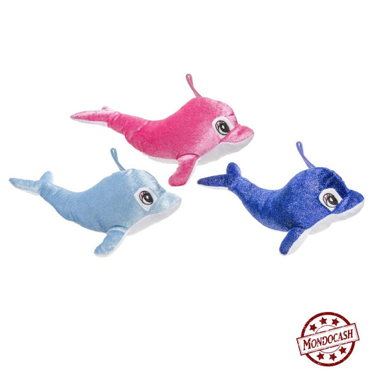 Peluche baleine de couleurs bleu foncé, rose, bleu clair avec un tissu brillant