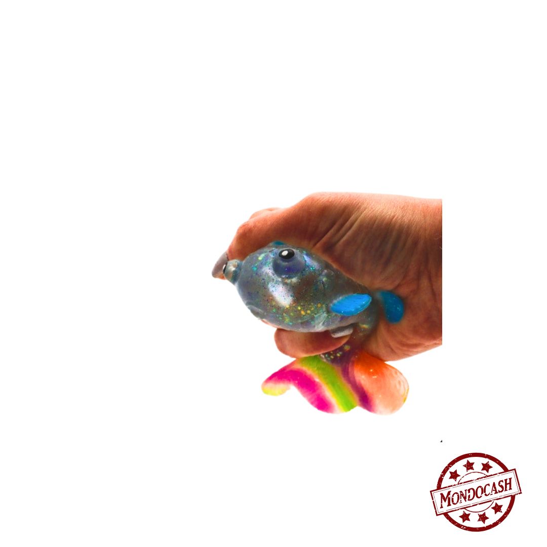 Poisson antistress, à malaxer en gel, s'étire et reprend sa forme de couleurs, transparent, rose et bleu