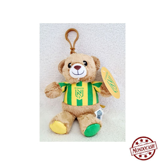 Porte clé peluche ours beige aux couleurs du FC Nantes, vert et jaune