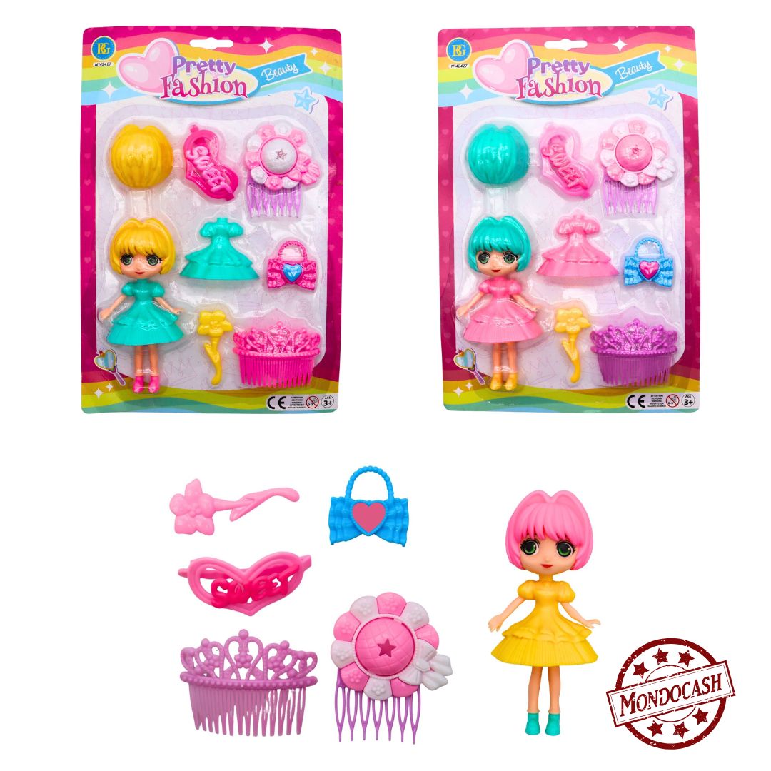 Poupée avec accessoires de coiffure : une adorable poupée accompagnée de plusieurs accessoires pour créer de jolies coiffures et compléter ses tenues. Idéal pour stimuler l'imagination et les jeux de rôle. Contient : une poupée, un sac à main, une pince à cheveux, une barrette, un peigne et un peigne décoratif