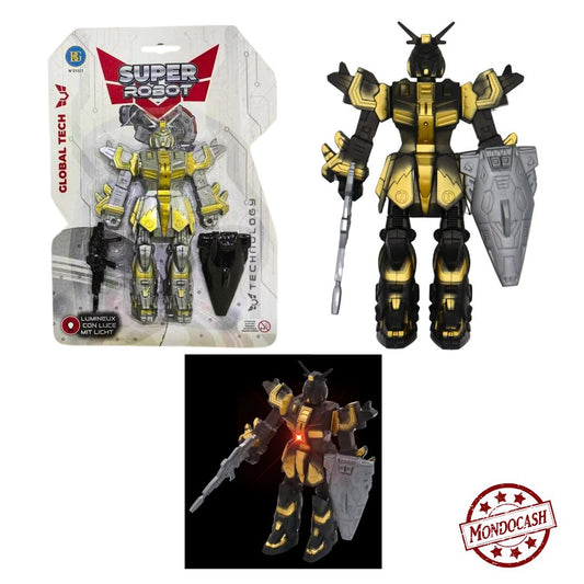Super robot lumineux : un robot articulé accompagné de son arme et de son bouclier. Son effet lumineux apporte encore plus de réalisme pour des heures de jeux d'action et d'aventure.