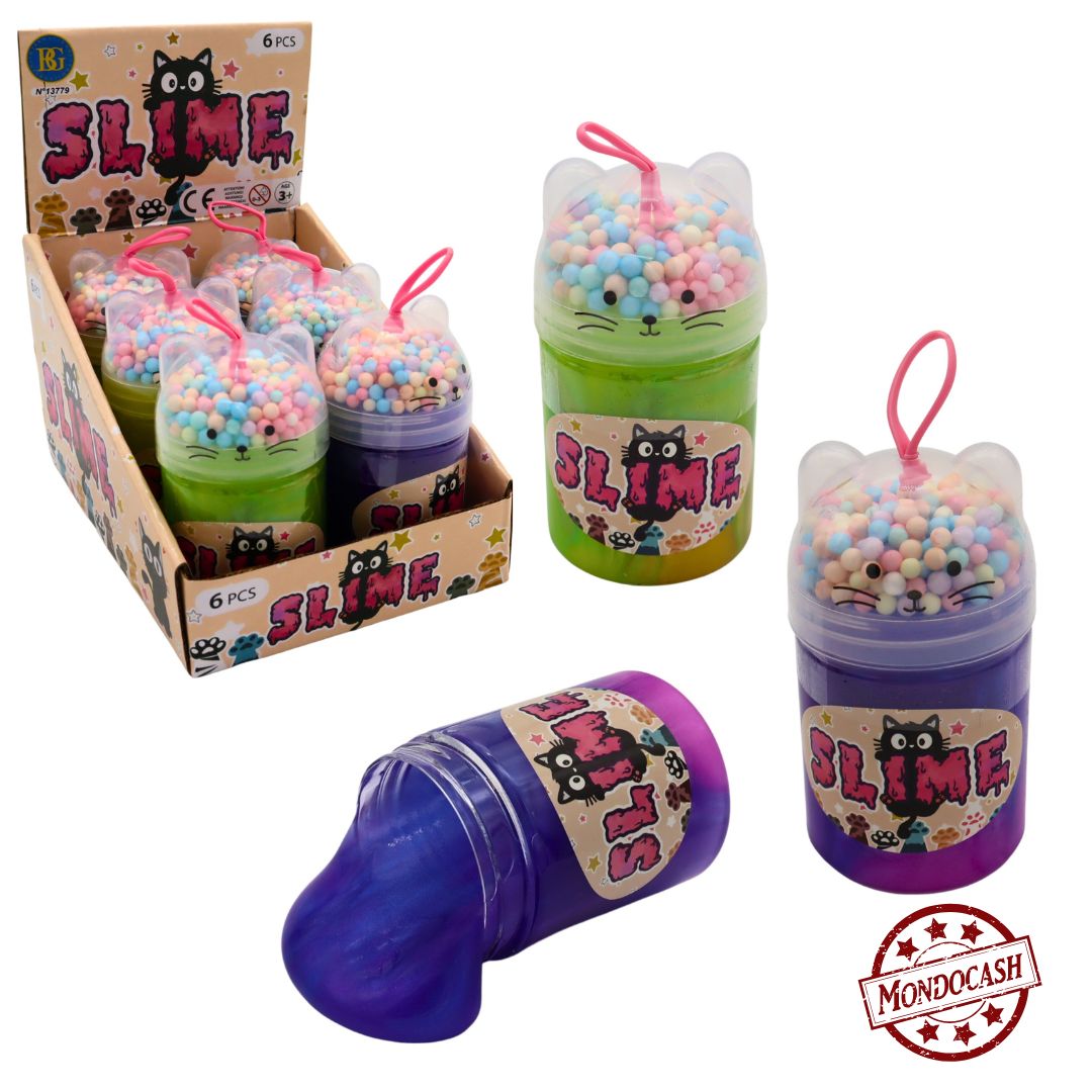 Pâte slime avec des billes à incorporer. Pot en tête de chat