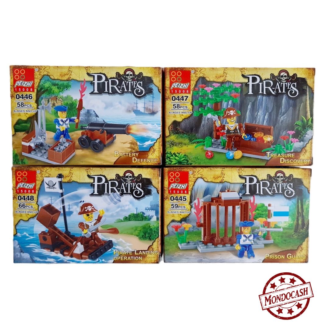 Jouet de briques à construire 58 à 66 pièces sur le thème des pirates. Un canon et des munitions, une prison, une malle au trésor et un radeau catapulte.