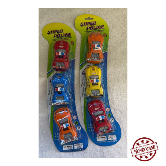 Panoplie de 3 jouets voitures de police rétrofriction, de couleurs bleu, orange, rouge et jaune